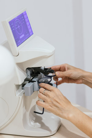 Optician measuring eyeglasses prescription with frontophotometer