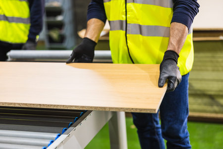 Worker processing wood board on conveyor in factory