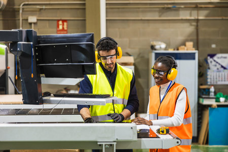 Diverse industrial workers collaborating on cnc machine control