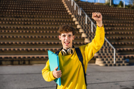 Excited college student celebrating success with raised fist in university campus bleachers