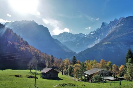 Beautiful Switzerland Alps with a little houseの写真素材