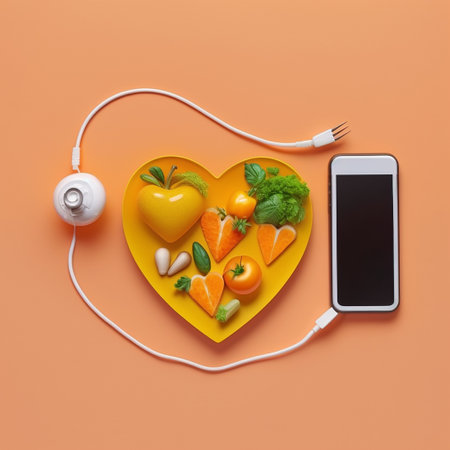 Healthy food in heart shape with headphones on orange background, top viewの素材