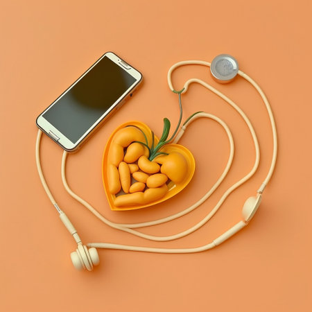 Original minimalist heart-shaped plates with food orange background and smart phoneの素材