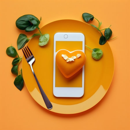 Original minimalist heart-shaped plates with food green background and heartの素材