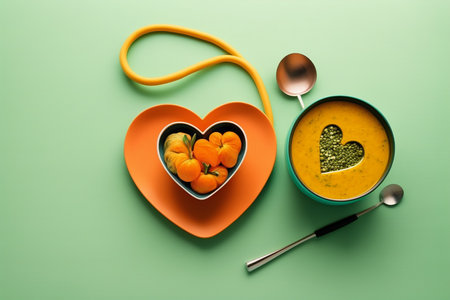 Original minimalist heart-shaped plates with food green background and heartの素材