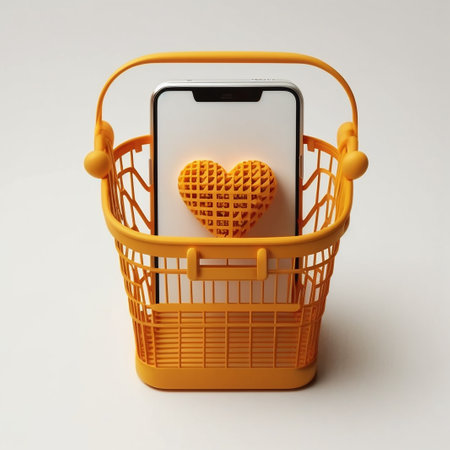 basket shop with smart phone and orange heart white backgroundの素材