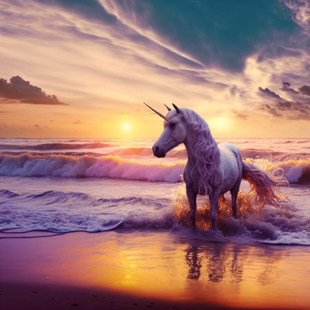 Unicorn on the beach at sunset. 3d rendering.の素材