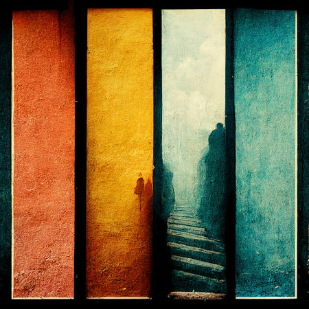 art grunge blue and orange color vintage textured illustration background with stairsの素材