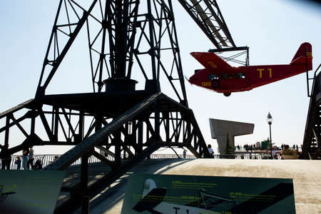 Barcelona, Catalonia. Spain -13 Apr 2019- El AviÃ³. Airplane carousel. A replica of the first aircraft to fly from Barcelona to Madrid in 1927, at the Tibidabo amusement park.のeditorial素材