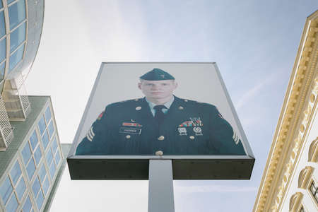 Berlin, Germany -23 / 5 / 2019- Portrait of American soldier Jeff Harper at Checkpoint Charlie