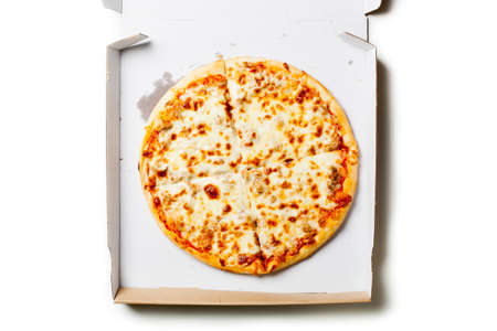 Tuna pizza in a cardboard boxの写真素材