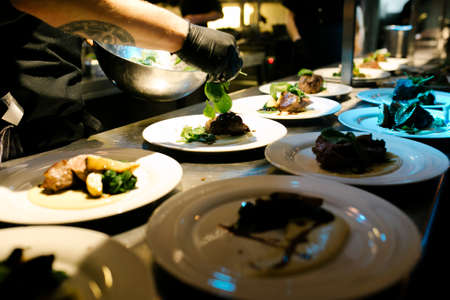 Chef adding some vegetables on a top of a piece of meat during it's preparationのeditorial素材