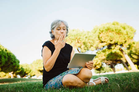 Senior woman chatting on-line with his tablet in a parkの写真素材