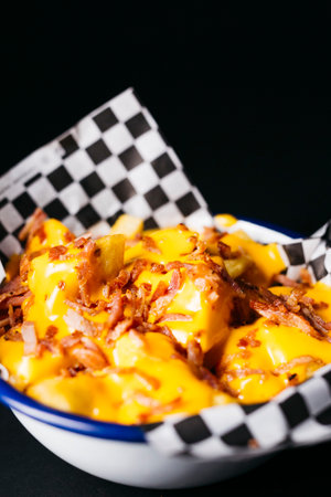 Fried potatoes with melted cheese and topped with pieces of bacon on a white plate over a black...