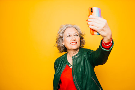 Senior woman taking a selfie with a smartphone with the rainbow flag on the case, over a yellow backgroundの写真素材