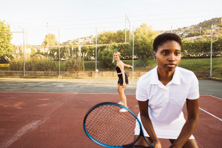 Two young beautiful women playing an amateur double tennis match on a sunny day. Young woman on tennis court hitting the ball.の写真素材