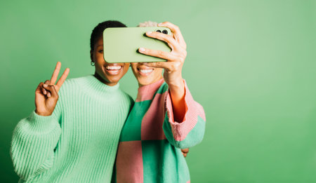 Two young happy women taking a selfie in front of a green background in a studio. Women taking a selfie in a studio.の写真素材