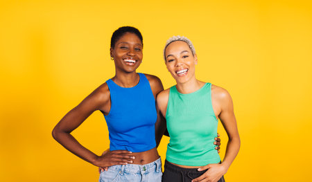 Portrait of a young cheerful female couple in front of a yellow background at studio.Two women together at studio.の写真素材