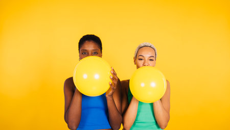 Two young women blowing a yellow balloon in front of yellow background in a studio. Woman with short hair inflating a yellow balloon.の写真素材