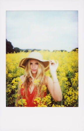 Blonde woman in a hat in a field of yellow flowers.の写真素材