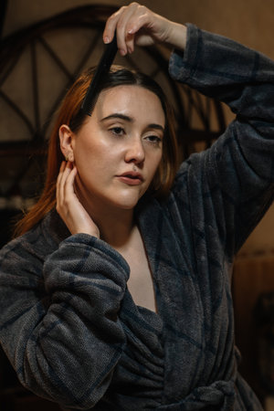 Vertical shoot of a girl brushing her hair wearing a bathrobeの写真素材