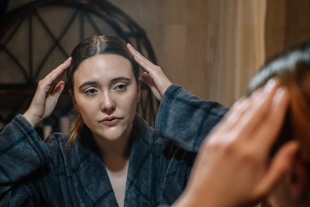 girl arranging her hair in front of a mirror looking at herself in the reflectionの写真素材