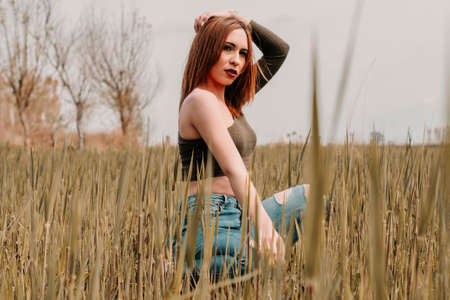 Woman touching her hair thoughtfully in the middle of a wheat field wearing a green crop-top and jeansの写真素材