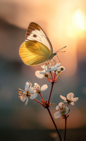 A close-up view presents a butterfly resting on small white blossoms. The insect displays yellow and white wings. The composition features a natural outdoor setting, likely illuminated by warm sunlight. Suitable for a variety of visual projects, this image could be used for illustrative or editorial purposes.の素材