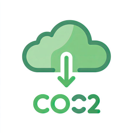 An illustrated green cloud featuring a downward arrow above the text "CO2". The graphic displays a clean, minimalist style with a flat design, rendered with distinct lines and color fills. This image could be used in presentations, educational materials, or marketing campaigns related to environmental conservation, climate change, or sustainability.の素材