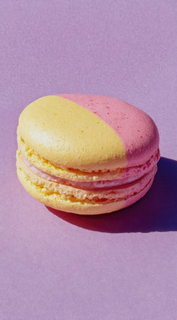 A single macaron is displayed against a solid purple background. The dessert features a two-toned appearance, with a yellow top and a pink upper half. Its texture appears smooth, and the overhead lighting creates subtle shadows. This image is suitable for culinary, food-related, or lifestyle content.の素材