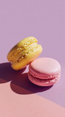 Two macarons in pastel colors are displayed on a simple two-tone background. One is a light yellow, and the other is pink. The image features strong overhead lighting, creating deep shadows. This image could be suitable for food-related projects or used in advertising materials, showcasing the products.の素材