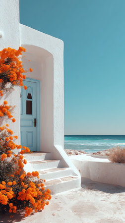 An exterior view showcases a white building with a blue door, adorned by vibrant orange flowers. The composition features clean lines and bright lighting, suggesting a sunny day setting with the ocean in the background. The image's aesthetic is suitable for various commercial uses, including travel and lifestyle content.の素材