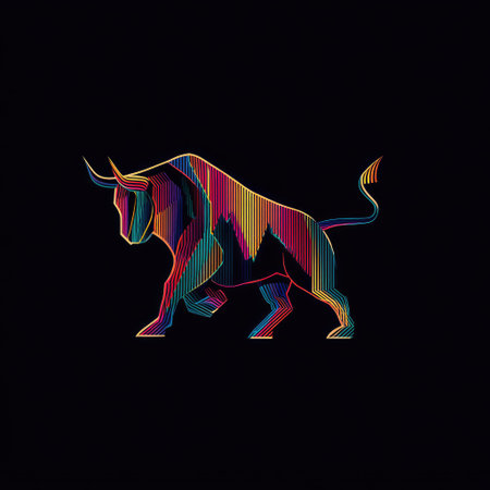 This image showcases a vibrant illustration of a bull, rendered with geometric lines and a spectrum of colors. The artwork features a dynamic composition, set against a dark backdrop. The style suggests a modern, vector-based design suitable for various creative applications, including digital art and commercial projects.の素材