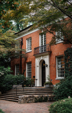 An inviting exterior view of a brick house featuring a classic design. The building's facade is accented by vibrant green foliage. The scene is bathed in natural light suggesting a sunny day. This image would be ideal for use in architectural projects, real estate advertising, or editorial content.の素材