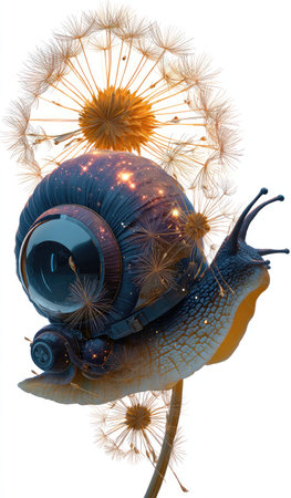 An illustration depicts a snail with a detailed shell, possibly a fantasy creature, perched on a dandelion. The image features a bright, whimsical style with intricate details. Warm sunlight illuminates the scene, casting gentle shadows. This artwork may be suitable for creative projects, illustrations, or design elements.の素材