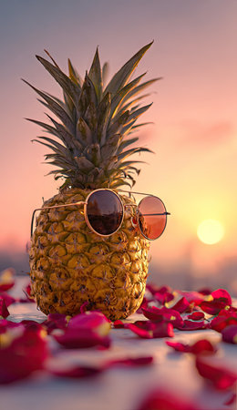A close-up captures a pineapple adorned with sunglasses, set against a vibrant sunset. The image displays a textured fruit with a crown of leaves. Soft lighting and a warm color palette create a relaxed atmosphere, complemented by rose petals. This versatile image suits various commercial applications.の素材
