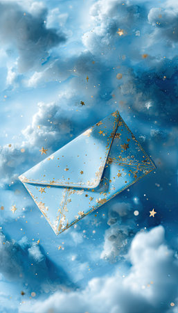 An ethereal scene depicts a light blue envelope gently floating amidst a dreamy cloudscape. The composition features a textured appearance with subtle color gradients, accentuated by golden star-shaped particles. This image suggests a sense of fantasy and wonder, potentially suited for various creative projects such as greeting cards or promotional designs.の素材