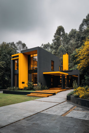 A contemporary two-story house features bold yellow accents against a dark gray exterior. The minimalist design incorporates large windows and clean lines. The image showcases the building with a paved pathway and lush greenery. This scene could be used for architectural or lifestyle projects.の素材