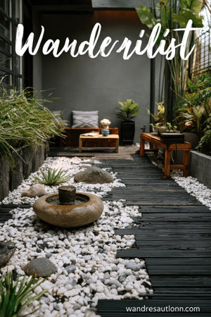 This image showcases an outdoor garden setting, featuring a wooden pathway, decorative stones, and lush greenery. The scene includes various plants, a central decorative element, and wooden benches. The composition employs natural light, suggesting an outdoor environment suitable for editorial or commercial purposes.の素材