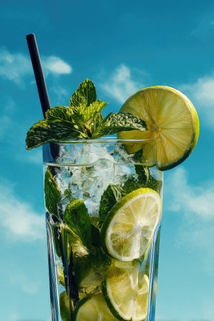 A vibrant cocktail features lime slices and fresh mint leaves in a tall glass. The drink is set against a clear, blue sky, creating a visually appealing composition. The lighting highlights the transparency of the liquid and the crispness of the ingredients. This image could be used for promoting food and beverage products.の素材
