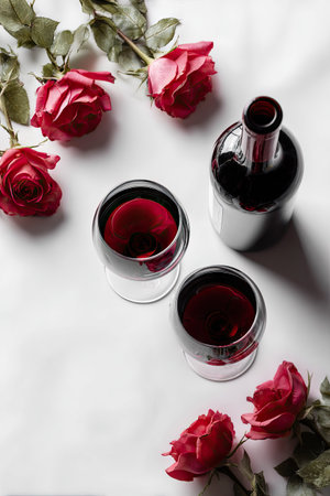 A top-down view shows red roses, a wine bottle, and two glasses filled with red liquid. The scene exhibits a high-key lighting effect against a clean white background. This visual composition could be used for lifestyle, beverage, or romantic-themed commercial or editorial projects.の素材