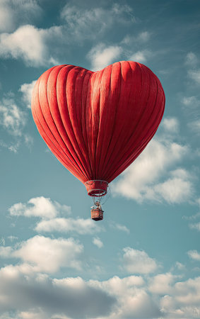 A heart-shaped hot air balloon ascends against a backdrop of a blue sky dotted with white clouds. The balloon's vibrant red color contrasts with the softer hues of the environment. This image utilizes natural daylight and composition to convey a feeling of freedom, possibly suitable for romantic themes or design projects.の素材