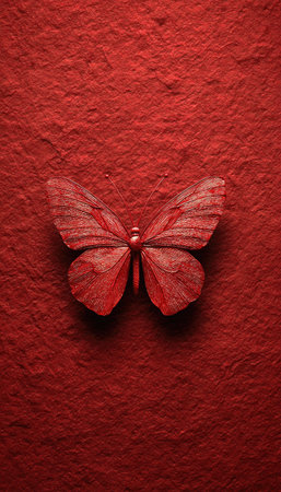 A single red butterfly is centered against a vibrant textured red backdrop. The insect displays intricate patterns on its wings, while the background has subtle variations in tone and texture. The lighting appears soft and diffused. This image might be suitable for artistic designs, advertising, or editorial content.の素材