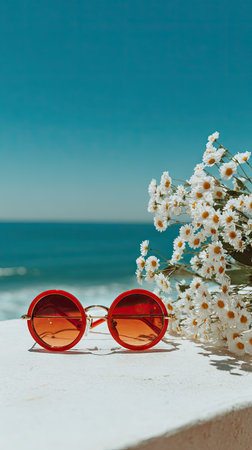 A pair of red sunglasses rest on a white surface, next to a bouquet of white flowers. The image showcases a bright, sunny day with a blue ocean and sky in the background. The composition suggests a relaxed atmosphere, suitable for editorial and commercial use.の素材