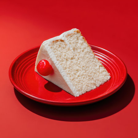 A slice of white cake sits on a red plate, topped with a cherry. The dessert contrasts against the solid red backdrop. The image utilizes overhead lighting, creating sharp shadows. Suitable for use in various culinary or food-related commercial applications.の素材