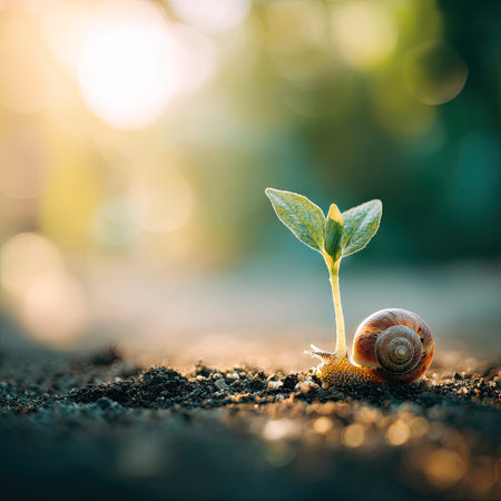 A close-up image features a small snail near a budding sprout. The scene displays a natural setting with earthy tones. Soft sunlight bathes the subjects, suggesting an outdoor environment. This image could be used for various commercial projects related to nature, growth, and environmental themes.の素材