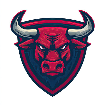 A fierce bull head, rendered in bold red and blue hues, forms the focal point of this graphic design. The illustration showcases a powerful animal with a determined expression, set against a shield-shaped backdrop. This design is suitable for various commercial uses, including branding and visual content needs.の素材