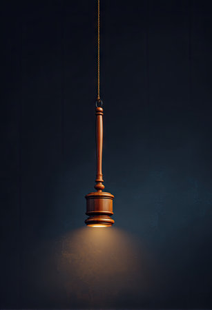 A wooden gavel hangs suspended against a dark background, illuminated by a spotlight from below. The vertical composition highlights the object's form and texture. It features warm tones, including brown and gold, suggesting a legal or judicial context. This image is suitable for various commercial or editorial uses.の素材