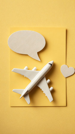 A miniature white airplane rests atop a yellow paper, accompanied by a speech bubble and a heart. The composition features clean lines and a simple aesthetic. The image exhibits a high-angle perspective with overhead lighting. Suitable for use in a variety of visual communication projects and commercial applications.の素材