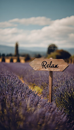 A wooden sign with the word "Relax" stands in a vibrant lavender field. The image showcases the field's purple flowers with a blurred background of greenery and a partly cloudy sky. The lighting suggests daytime and the scene could be used for wellness or travel-related content.の素材